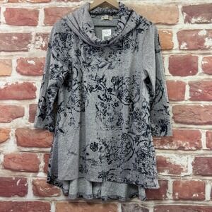 One World Top Women's M Gray Blue Boho Floral Scroll Cowl Knit Tunic Shirt